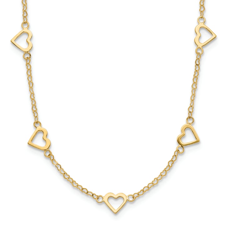 14K Yellow Gold Polished Open Hearts on Heart Link 17-Station Necklace