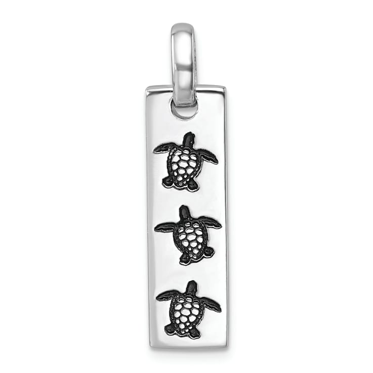 Rhodium Over Sterling Silver Swimming Turtles Rectangle Pendant