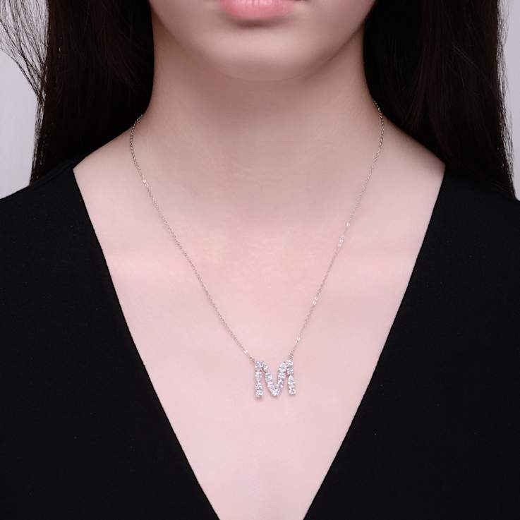Initial M Mixed Cut CZ Pendant Necklace In Sterling Silver 18 Inch
