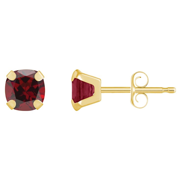 5mm Cushion Garnet 10k Yellow Gold Stud Earrings