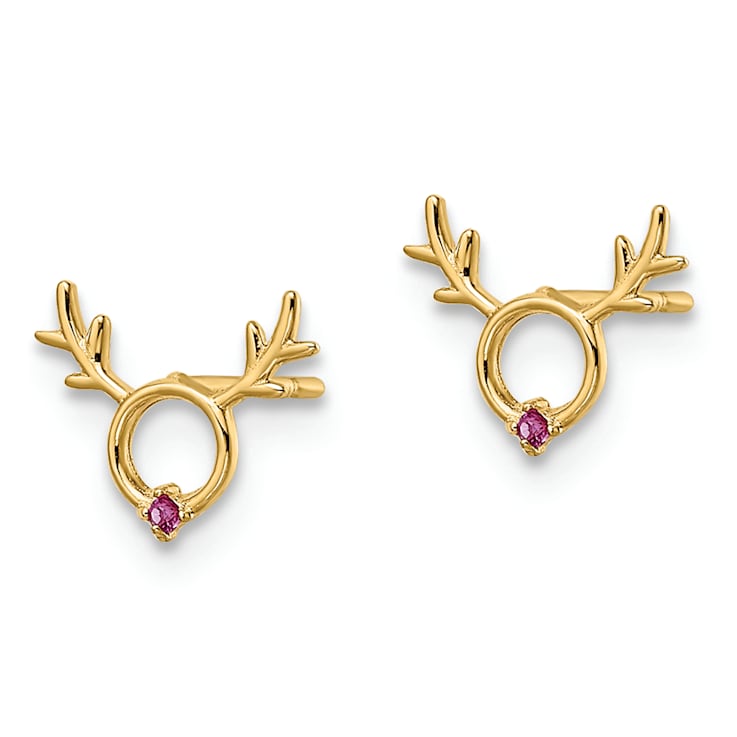 14K Yellow Gold Red Cubic Zirconia Reindeer Post Earrings