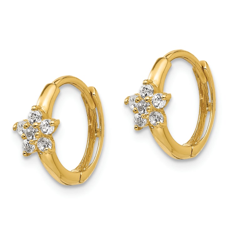 14K Yellow Gold Cubic Zirconia Children's Flower Hinged Hoop Earrings