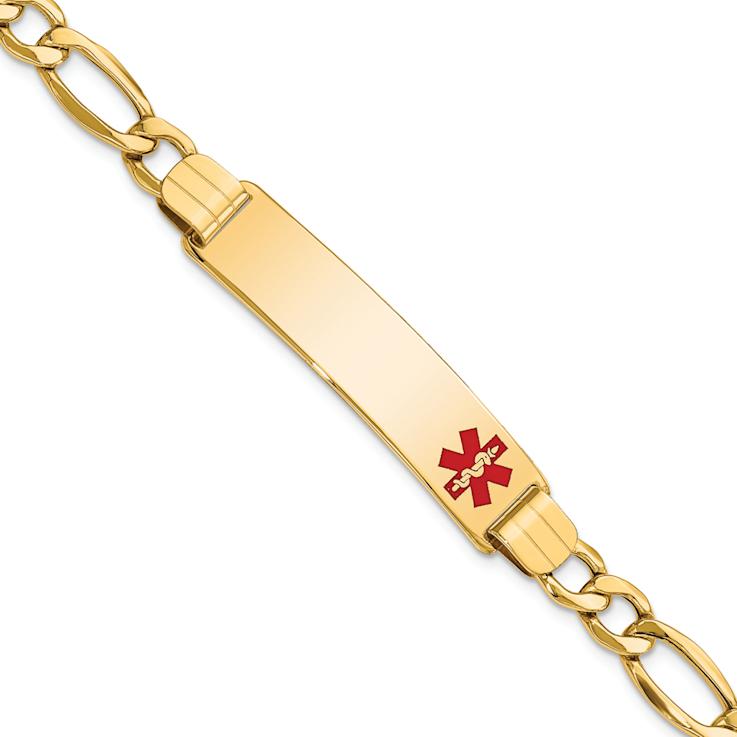 10k Yellow Gold Polished Medical Red Enamel Figaro Link ID Bracelet