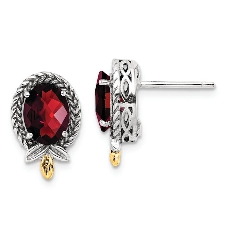 Sterling Silver with 14K Accent Antiqued Braided Oval Garnet Post Earrings