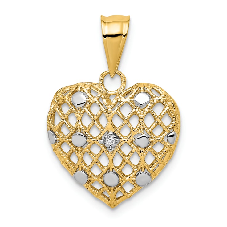 14k Yellow Gold and Rhodium Over 14k Yellow Gold Textured Diamond Heart Pendant