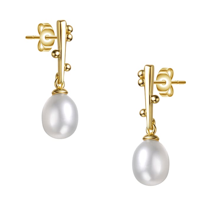 Linear Pearl And CZ Drop Earrings In 14K Gold Over Sterling Silver