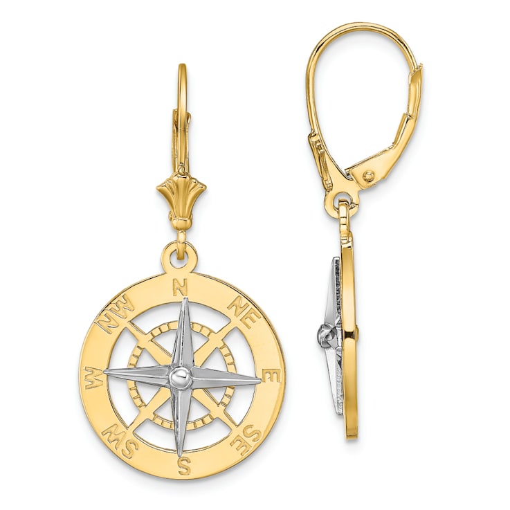 14k Yellow Gold and 14k White Gold Nautical Compass Dangle Earrings