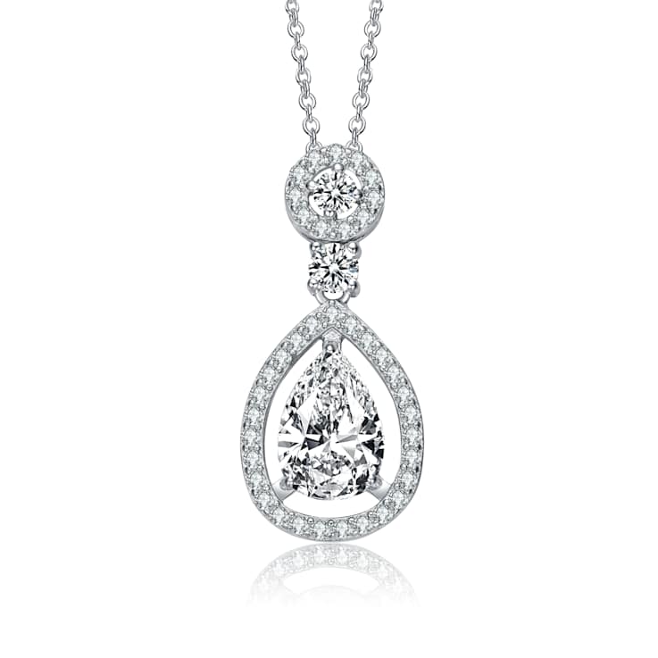 Pear Shape CZ Halo Drop Necklace In Sterling Silver