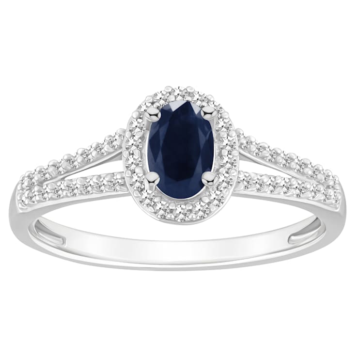6x4mm Oval Sapphire 1/4 ctw Diamond Rhodium Over Sterling Silver Halo Ring