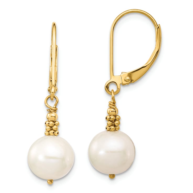 14K Yellow Gold 8-9mm Near Round White Freshwater Cultured Pearl
Leverback Earrings