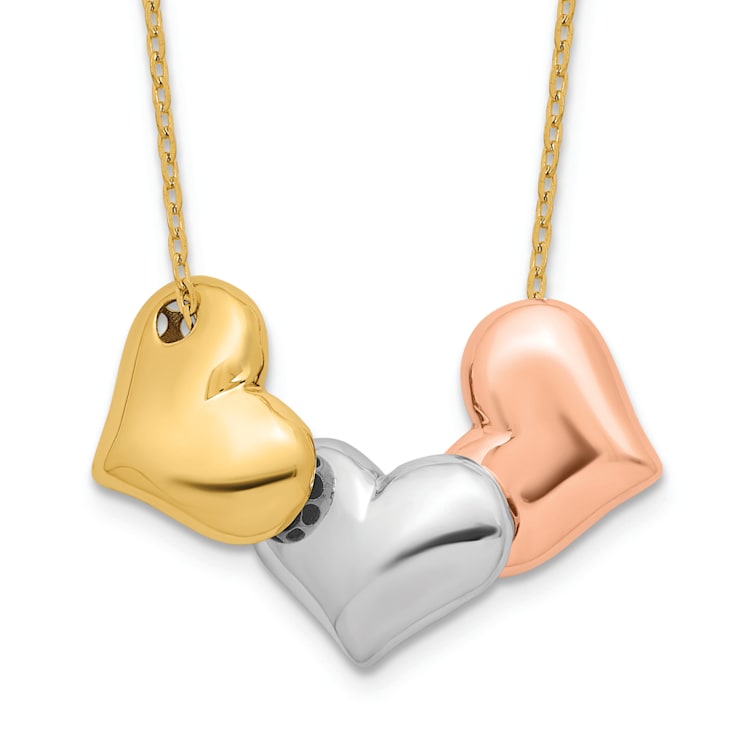 14K Tri-color Polished Hearts 17-inch with 1-inch Extension Necklace