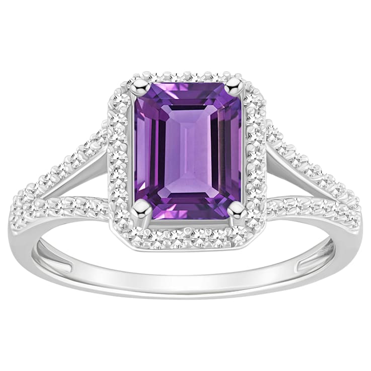 8x6mm Emerald Cut Amethyst 1/4 ctw Diamond Rhodium Over Sterling Silver
Halo Ring