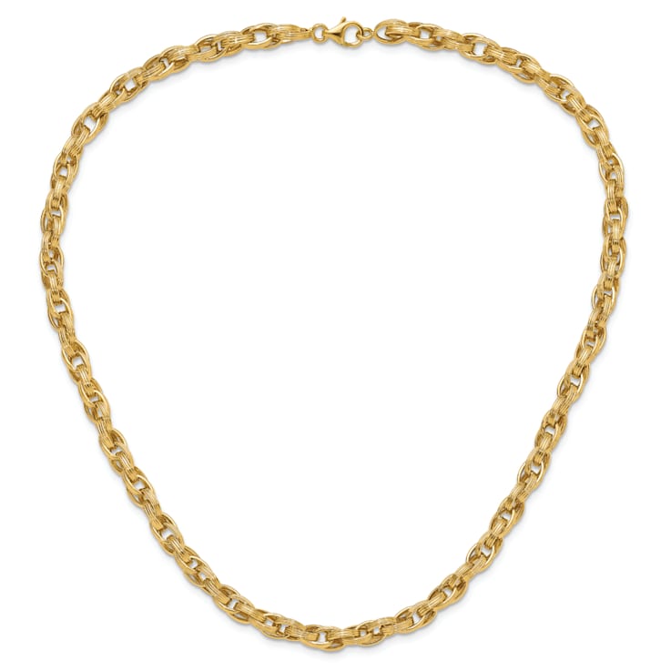 14K Yellow Gold Polished and Grooved Fancy Oval Link Necklace
