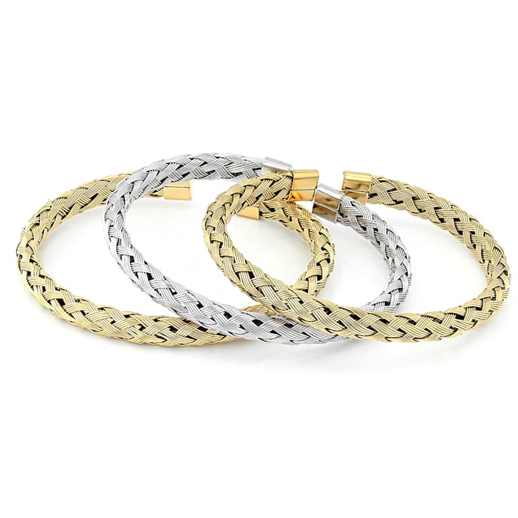 Two-Tone Woven Cuff Bracelet Set Of 3 6.7mm