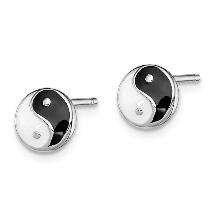 Rhodium Over Sterling Silver Enamel Yin Yang Children's Post Earrings