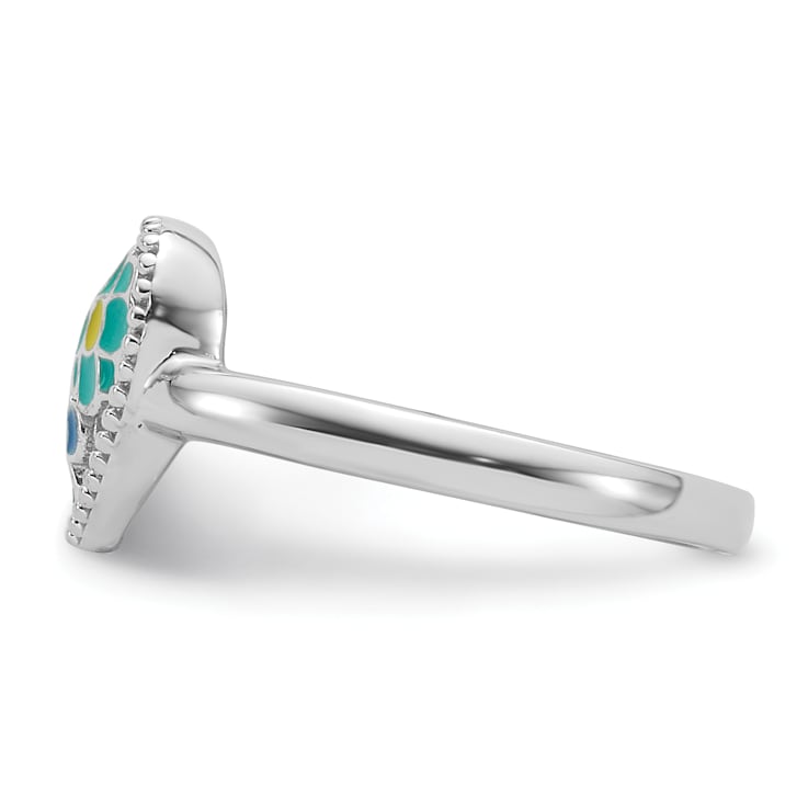 Rhodium Over Sterling Silver Beaded and Enameled Floral Heart Children's Ring