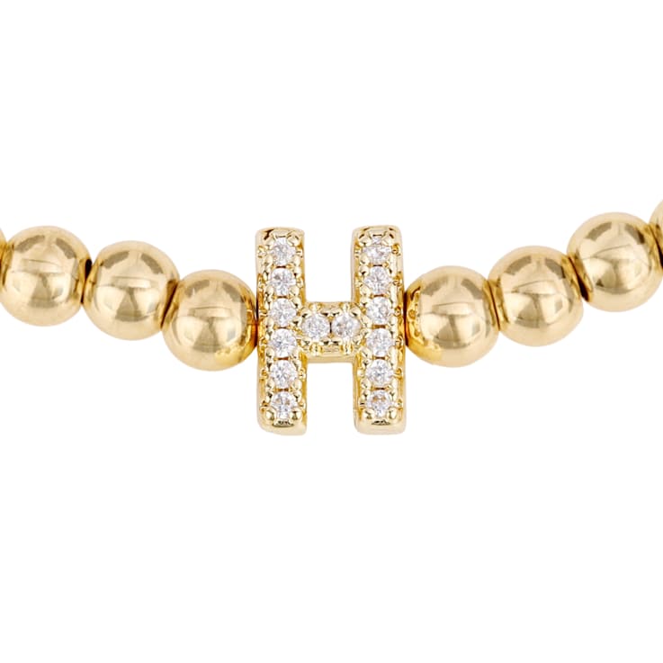 Initial H CZ Beaded Bracelet Set In 14K Gold Over Brass 0.15ctw