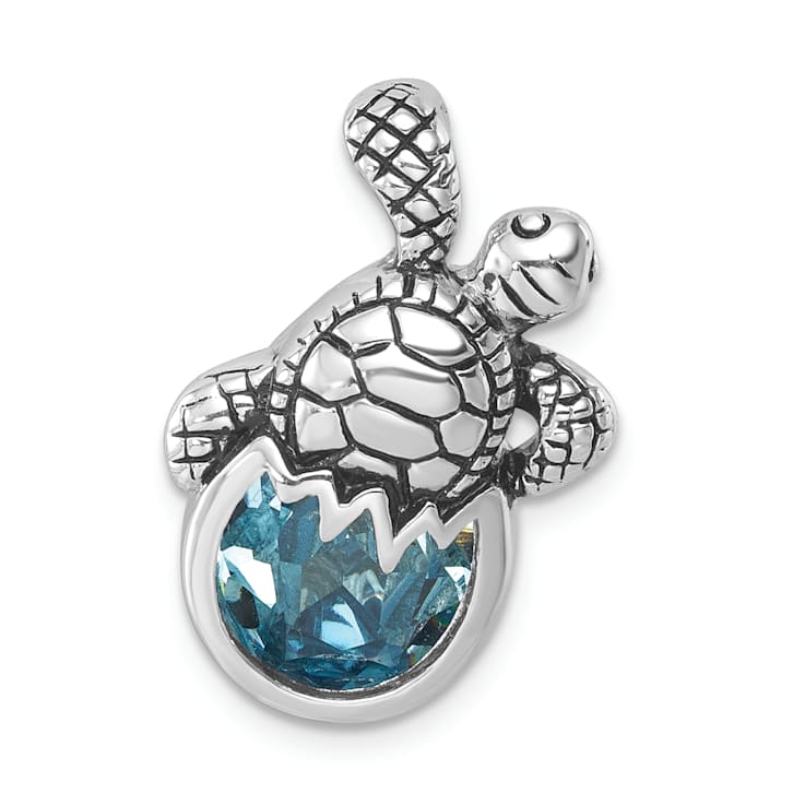 Rhodium Over Sterling Silver Crystal Hatching Turtle Slide Pendant
