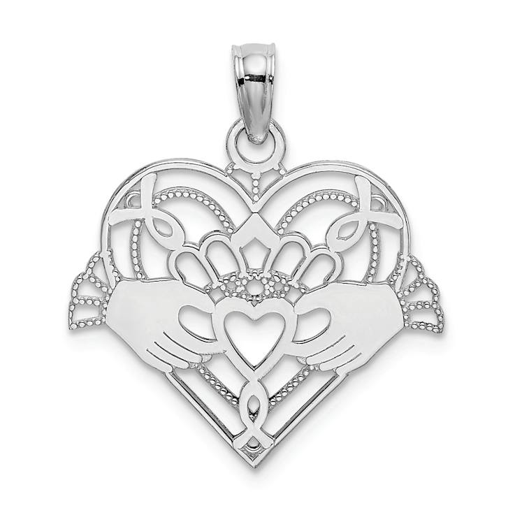 Rhodium Over 14k White Gold Polished and Textured Beaded Claddagh In
Heart Charm