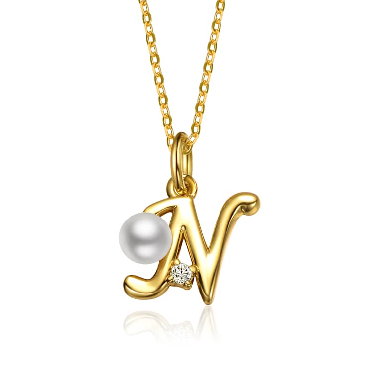 Initial N CZ And Pearl Simulant Pendant Necklace In 14K Gold Over Brass
