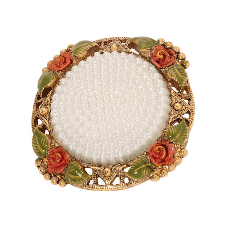Gold Tone Faux Pearl Red Flower Round Brooch