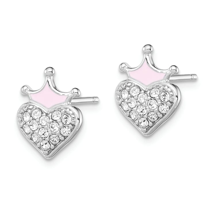 Rhodium Over Sterling Silver Enamel and Crystal Crown Heart Earrings