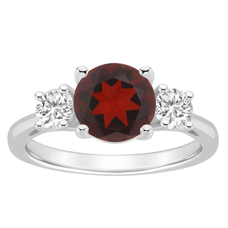 8mm Round Garnet And White Topaz Rhodium Over Sterling Silver 3-Stone Ring