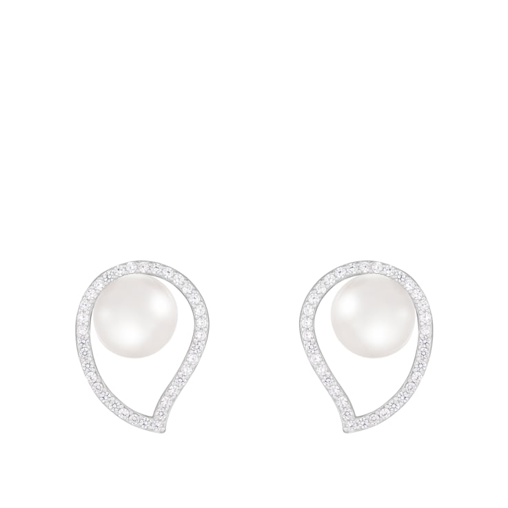 8-8½mm White Cultured Freshwater Pearl and Cubic Zirconia Rhodium Over
Sterling Silver Earrings