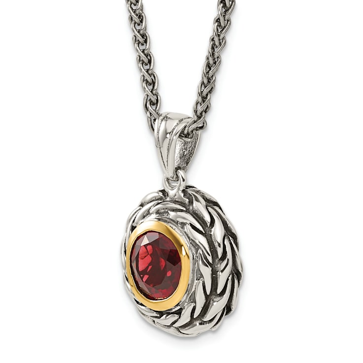 Sterling Silver Antiqued with 14K Accent Garnet Necklace