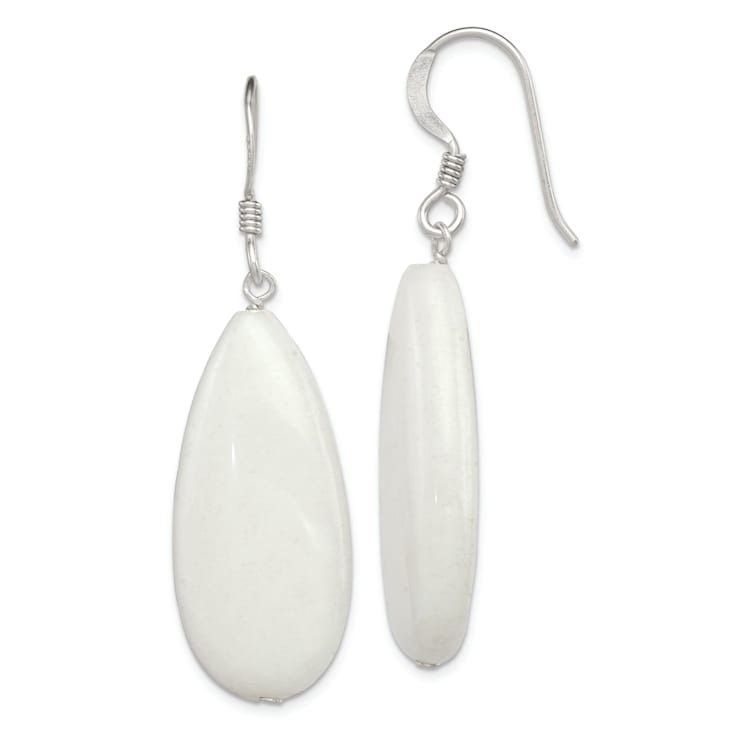 Sterling Silver Polished White Jadeite Teardrop Dangle Earrings