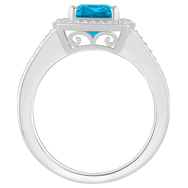7mm Cushion Blue Topaz 1/4 ctw Diamond Rhodium Over Sterling Silver Halo Ring