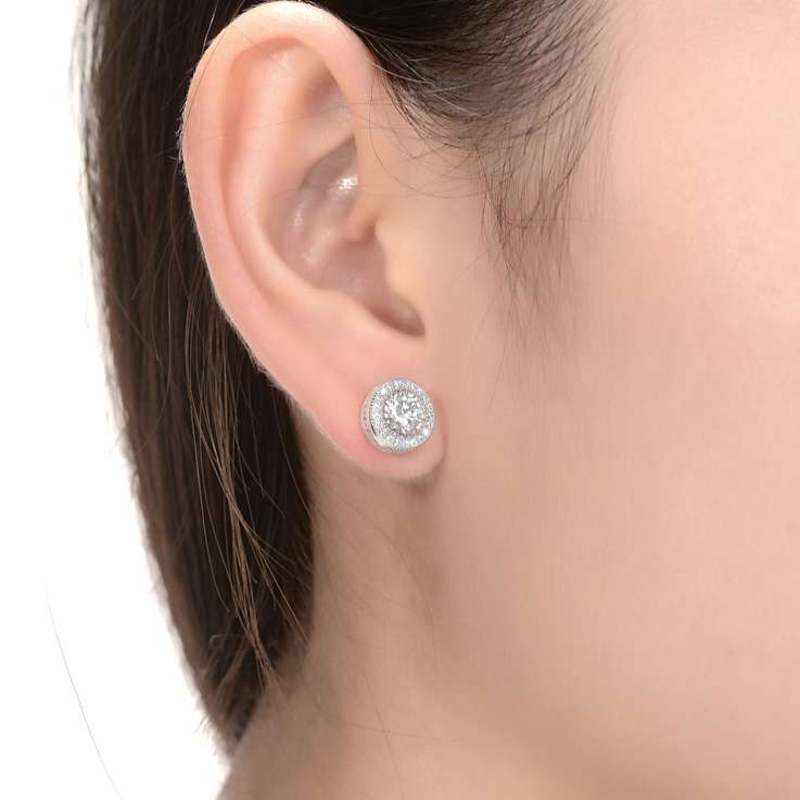 CZ Halo Stud Earrings In Rhodium Over Brass