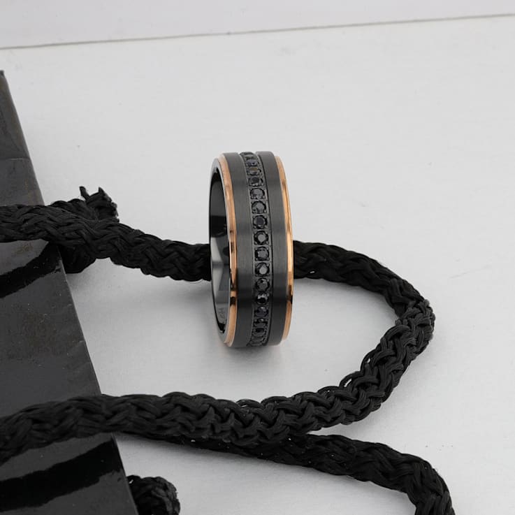 ASTRO Flat Brushed Black Titanium Ring with Rose Gold Plated Edge and
Black Sapphire Settings 8mm