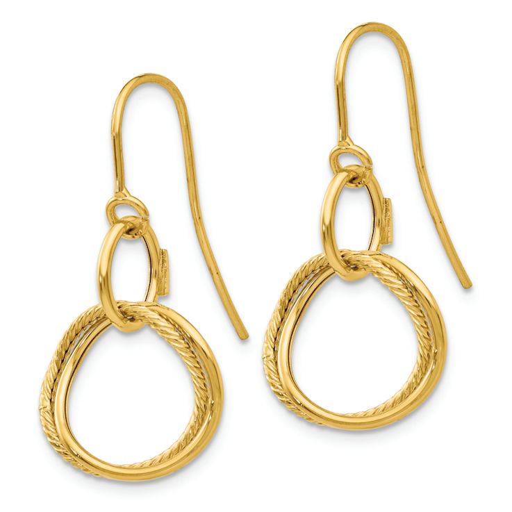 14k Yellow Gold Textured Small Twisted Circle Dangle Earrings