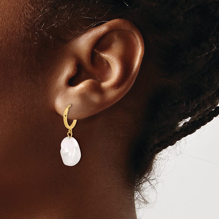 14K Yellow Gold 11-12mm Keshi White Freshwater Cultured Pearl Dangle
Hoop Earrings