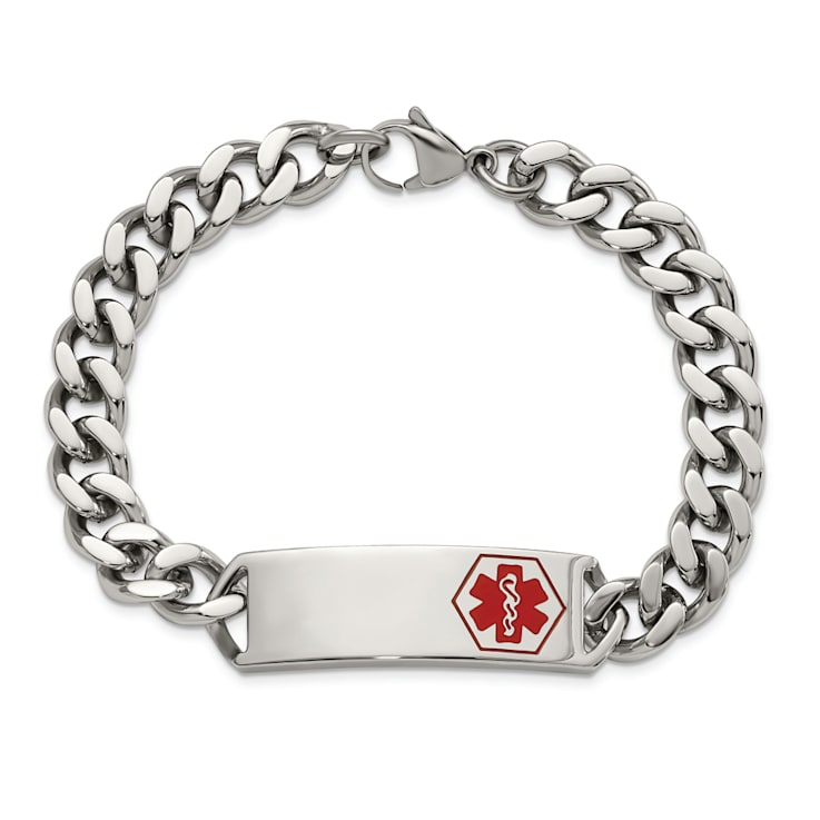Stainless Steel Polished with Red Enamel 8-inch Medical ID Bracelet