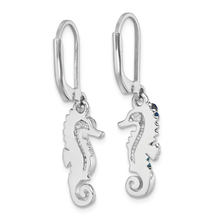 Rhodium Over Sterling Silver Polished Crystal Seahorse Dangle Earrings