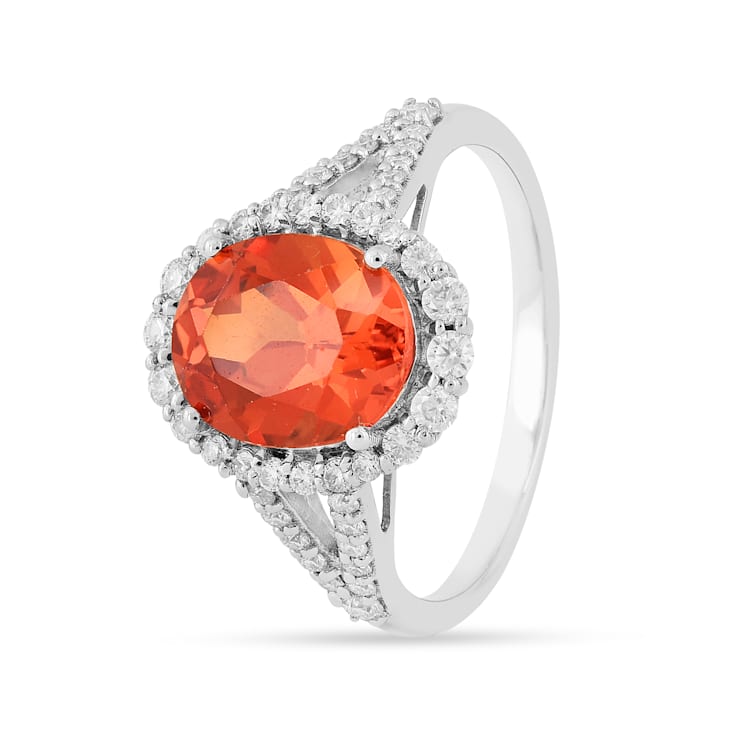 Peach Orange Lab Created Oval Padparadscha Sapphire Halo Ring in Rhodium
Over Sterling Silver