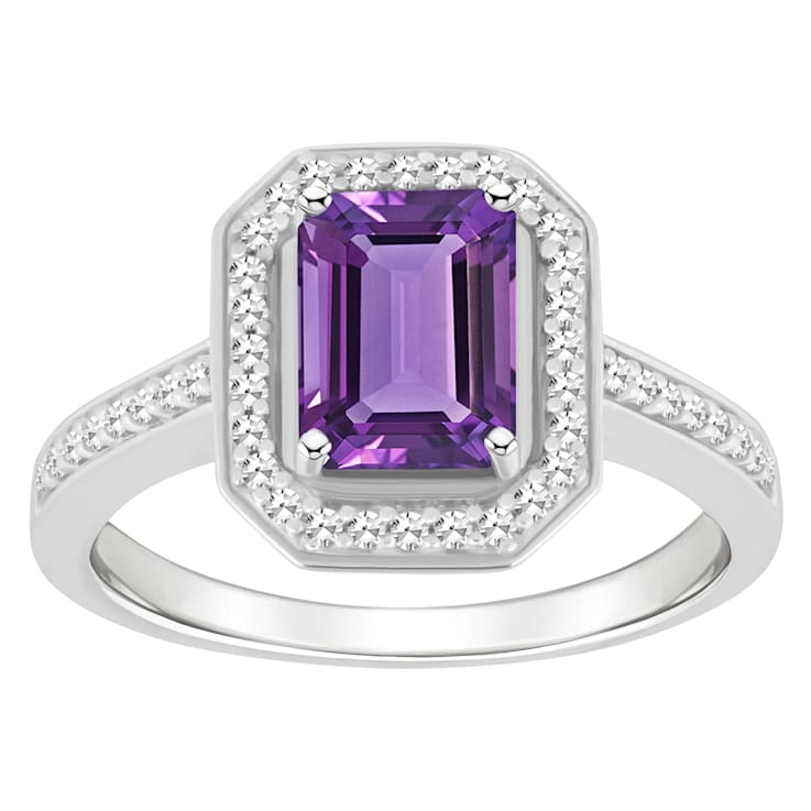 8x6mm Emerald Cut Amethyst 1/5 ctw Diamond Rhodium Over Sterling Silver
Halo Ring