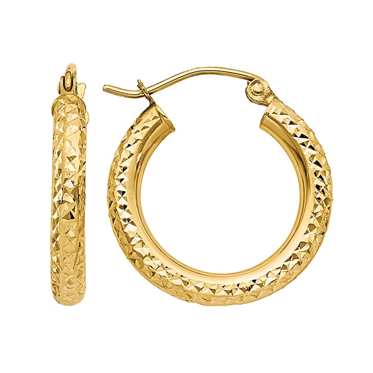 14k Yellow Gold 20mm x 3mm Diamond-cut Round Hoop Earrings