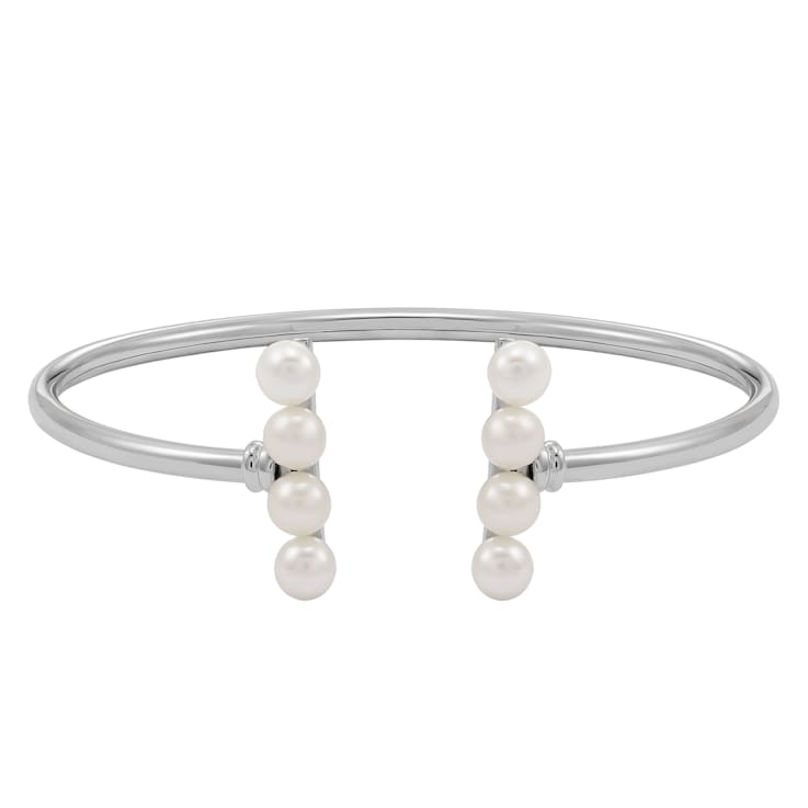 5.5-6mm Button White Freshwater Pearl Sterling Silver Bar Design Cuff Bracelet