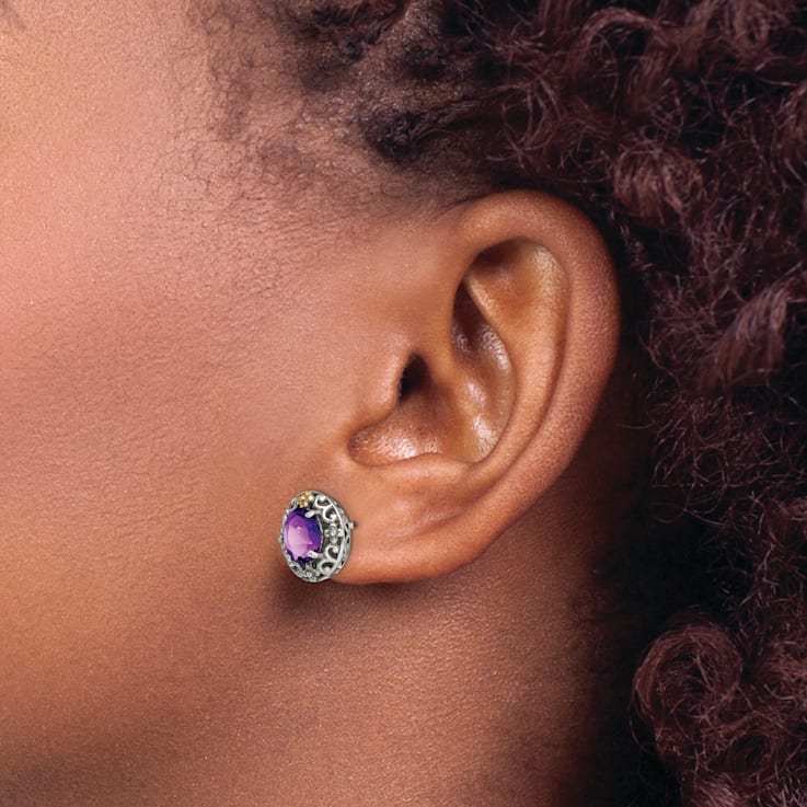 Sterling Silver Antiqued with 14K Accent Amethyst Post Earrings