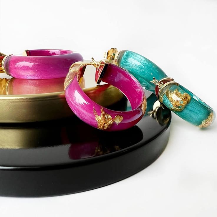 14K Yellow Gold Over Sterling Silver Mini Gold Leaf Acrylic Hoops in Teal