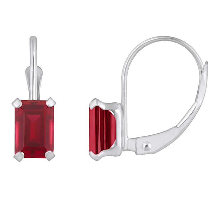6x4mm Emerald Cut Lab Created Ruby Rhodium Over 10k White Gold Drop Earrings