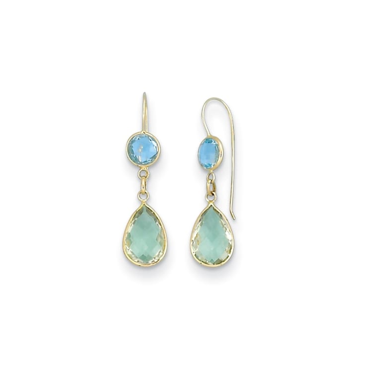 14K Yellow Gold Blue Topaz and Green Prasiolite Dangle Earrings