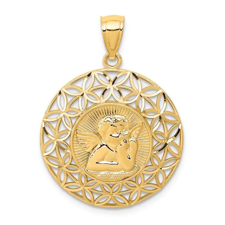 14k Yellow Gold Polished Angel Diamond-Cut Medal Pendant