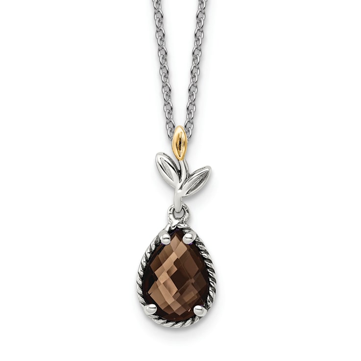 Sterling Silver Antiqued with 14K Accent Leaf Smoky Quartz with 2-inch
ext Necklace