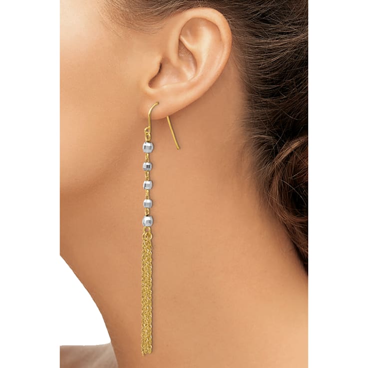 14k Two-tone Gold Diamond-Cut Bead Tassel Dangle Earrings