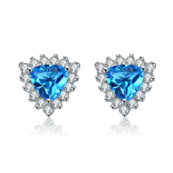 Blue Topaz Color CZ Triangle Stud Earrings In Sterling Silver