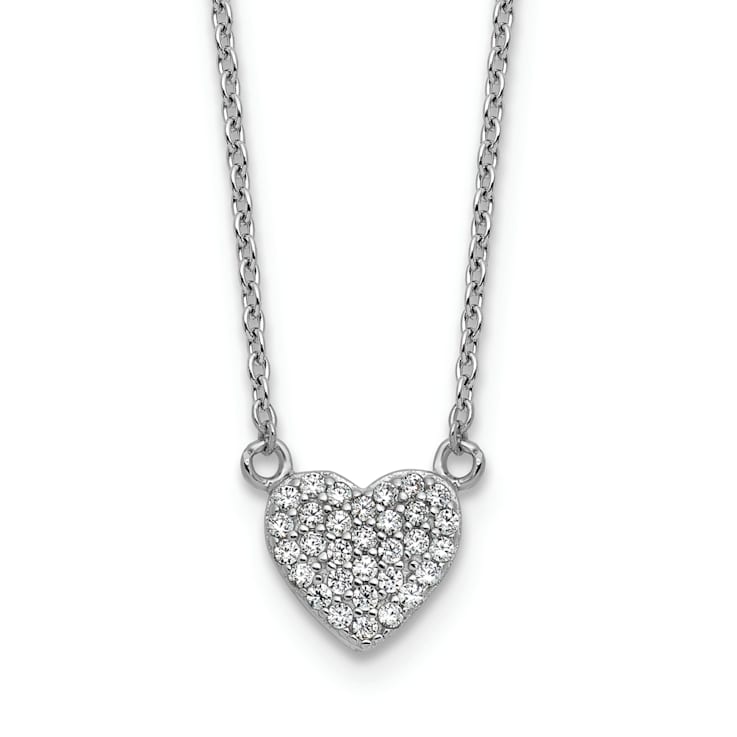 Rhodium Over Sterling Silver Polished Pave Cubic Zirconia Heart Necklace